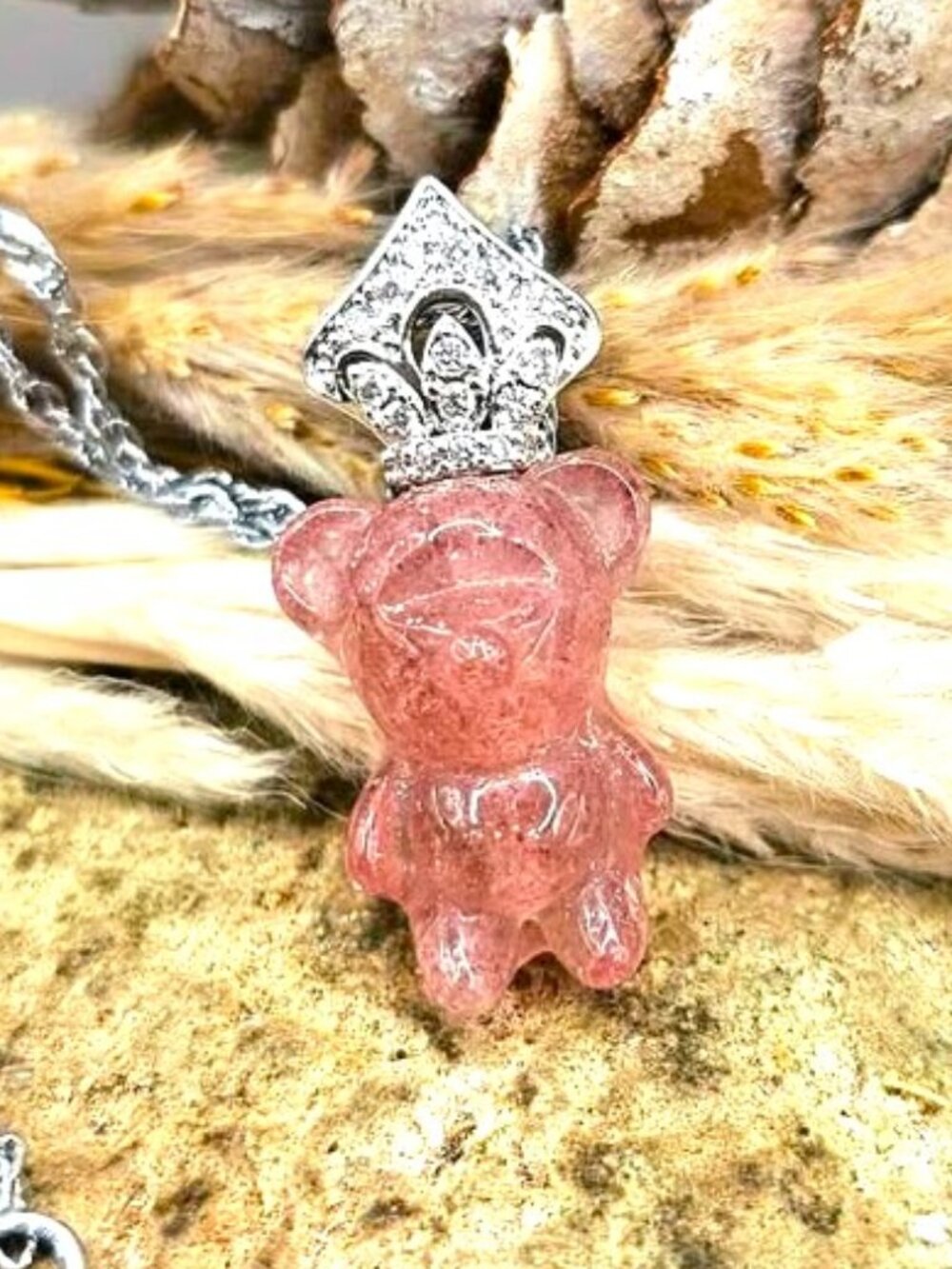 Natural Strawberry Quartz Bear With Crown Pendant Necklace